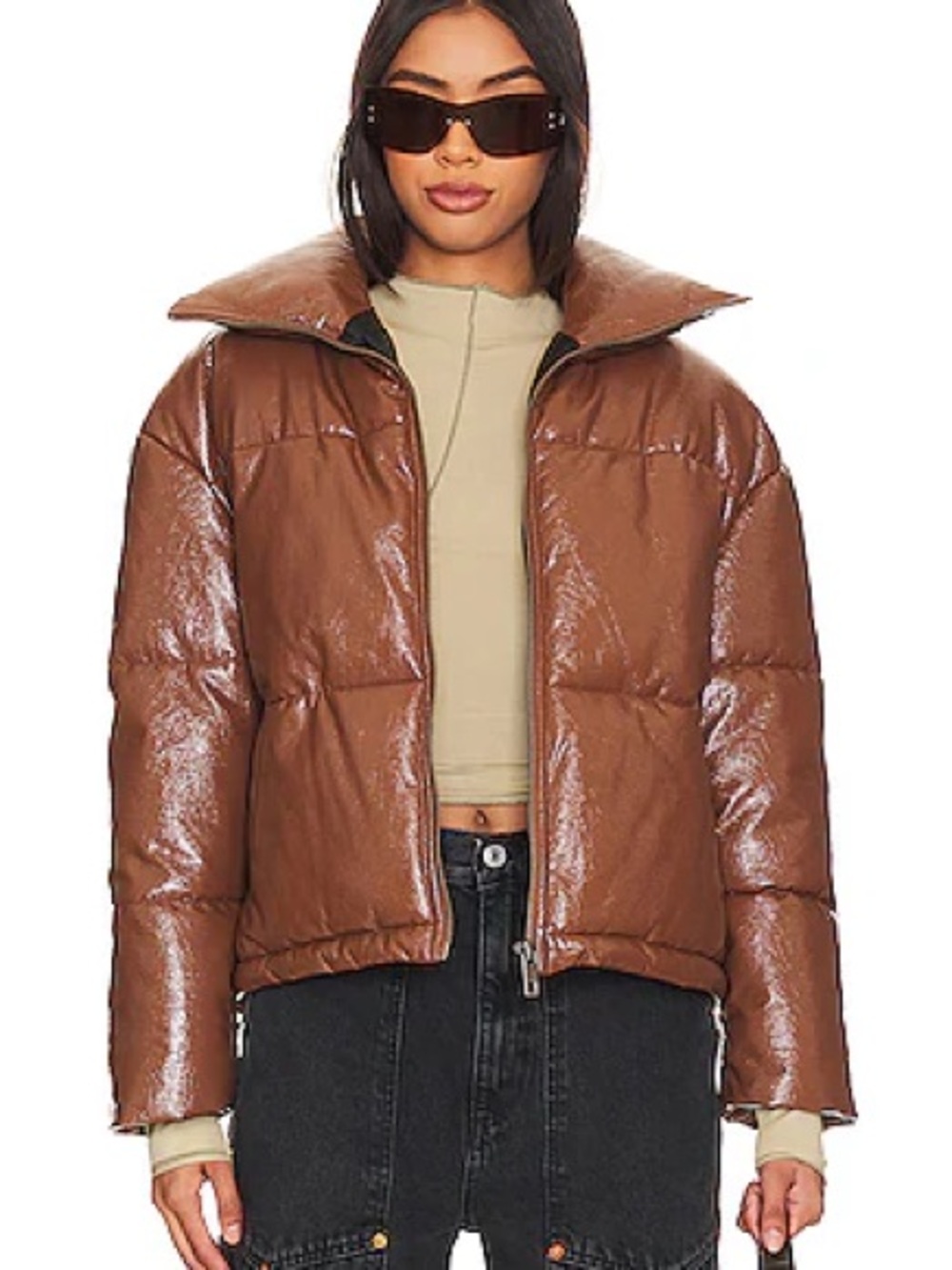 Apparis Billie Crinkle Jacket Puffer in Camel - Vegan Leather